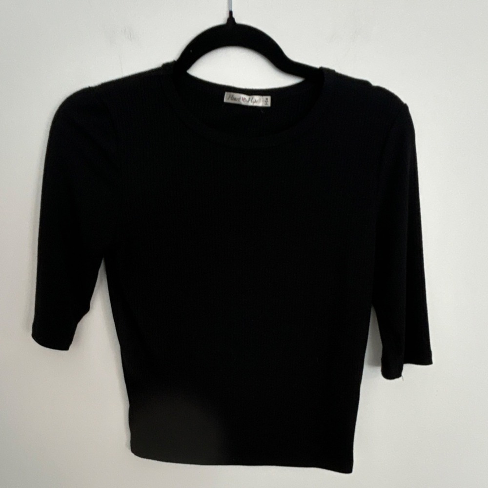 Heart Hips Women's Black Ribbed Knit 3/4 Sleeve‎ Crew Neck T-Shirt M